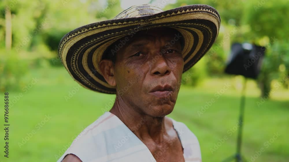 Campesino o trabajador del campo de la costa colombiana, cultivador de mata de yuca, tuberculo o raiz.  vestimenta de finca o campo con sombrero vueltiao, con machete, botas pantaneras y perro fiel.