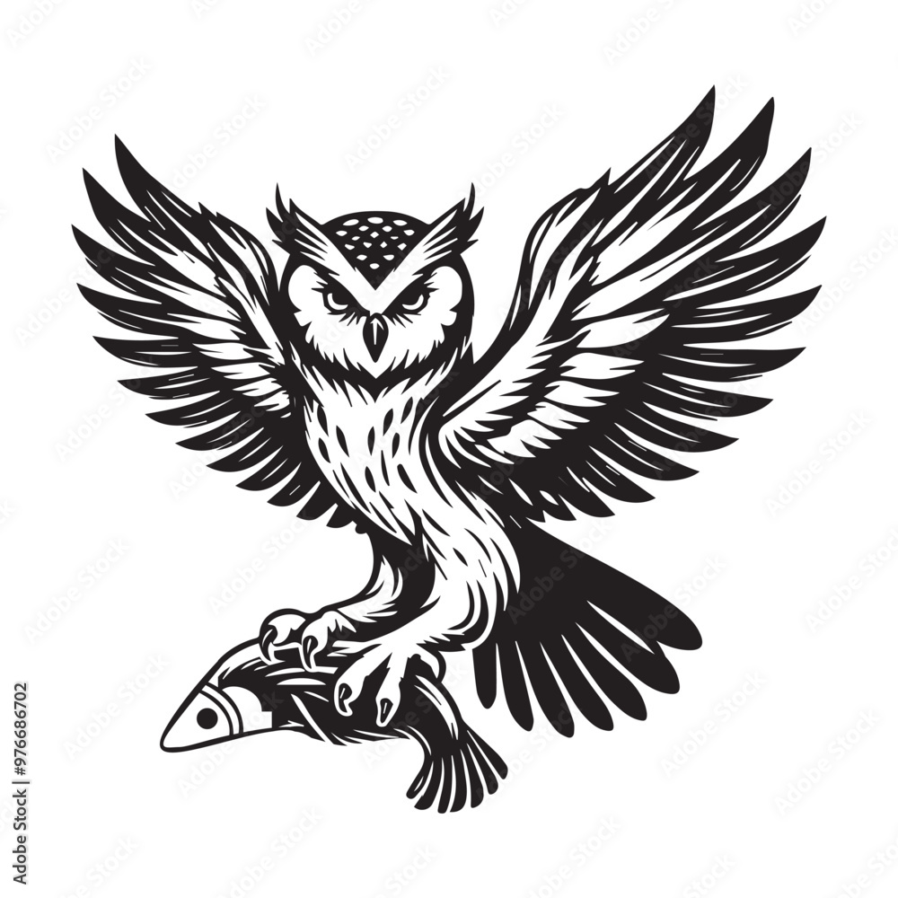 Owl Outline Clipart - An Owl Perched on Prey vector illustration in black and white Owl Outline Clipart - An Owl Perched on Prey vector illustration in black and white