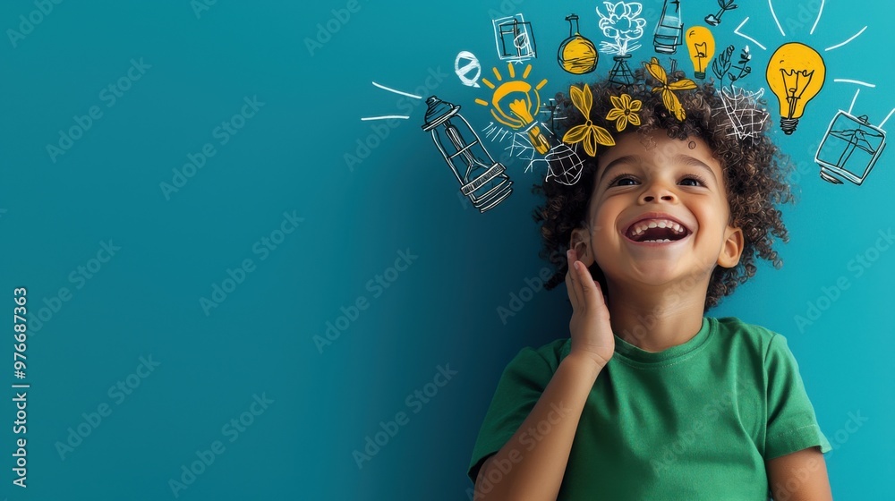 Young Inventor Embracing Nature: Joyful Boy with Eco-friendly Designs on Head in Green Shirt against Blue Background Young Inventor Embracing Nature: Joyful Boy with Eco-friendly Designs on Head in Green Shirt against Blue Background