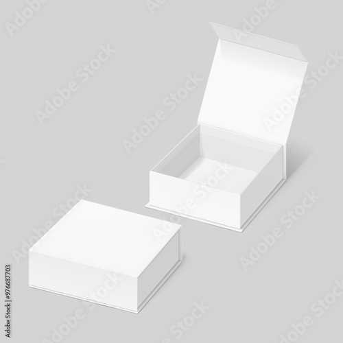 White box with magnetic close. Vector illustration isolated on grey background. Taking your 2D designs into 3D. Can be use for gift box, luxury, cosmetics, electronics and other goods. EPS10.