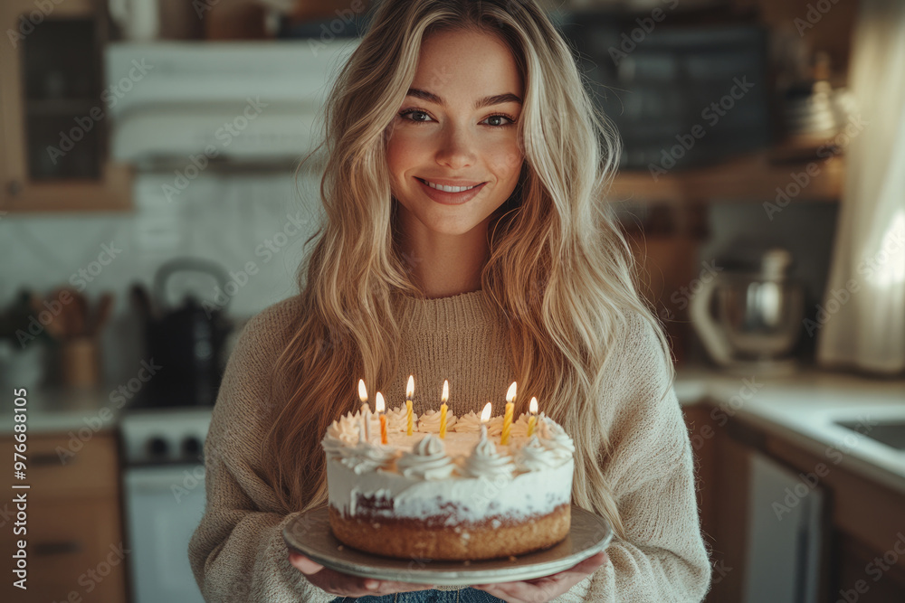 A young woman holding a birthday cake A young woman holding a birthday cake
