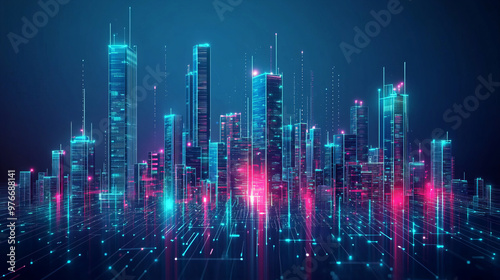 Vision of a smart digital city showcasing high-rise towers in a futuristic urban setting. Includes abstract digital buildings and virtual reality elements, depicted in a modern technology.