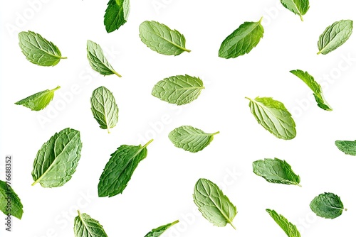 falling mint leaves, spearmint isolated on white