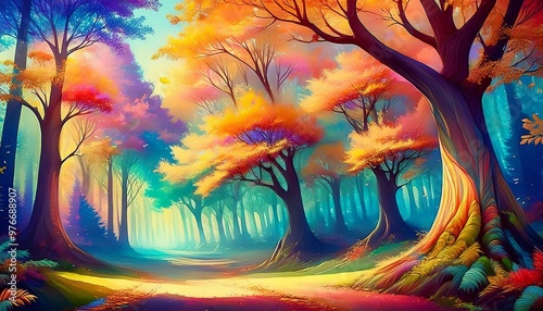 ファンタジーの森、カラフルな木々、夢の風景、魔法の森、幻想的な自然、光の道、異世界の森、メルヘンの風景、冒険の森、秋の森