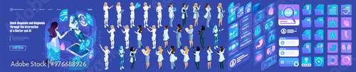 Isometric Template for Creating Landing page. Interaction of a Doctor and AI, for Medical. Kit of Characters, Persons, Icons. Create your own unique Landing page