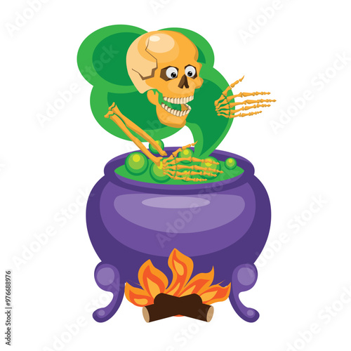 Skeleton in poisonous steam over the cauldron. Halloween sticker. Vector illustration.