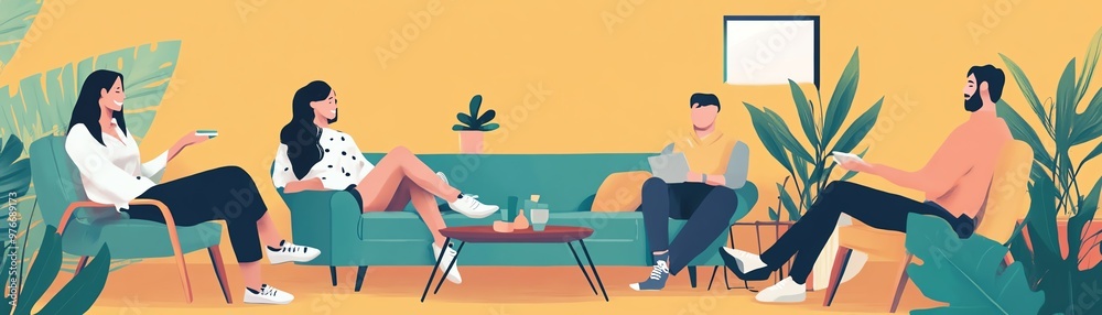 Illustration of four people in a modern living room, engaging in casual conversation and relaxation with a cozy atmosphere. Illustration of four people in a modern living room, engaging in casual conversation and relaxation with a cozy atmosphere.