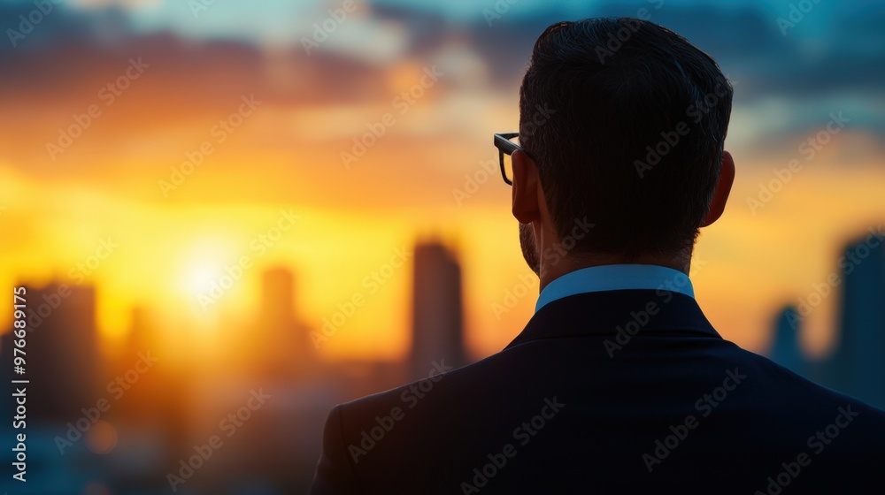 Fototapeta premium A professional man gazing at a stunning sunset over a city skyline, reflecting on opportunities and ambitions.