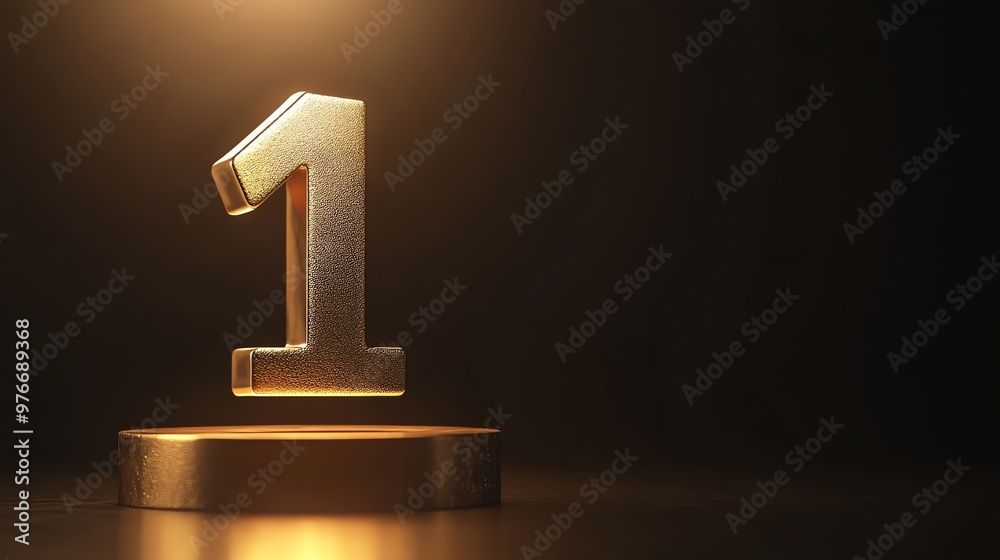 A golden number one stands on a golden pedestal against a black background. A golden number one stands on a golden pedestal against a black background.