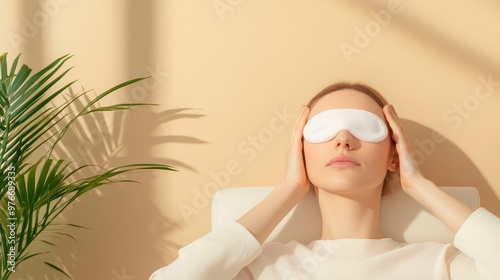 Woman Applying Cold Compress on Eyes for Self Care and Relaxation in Peaceful Indoor Environment