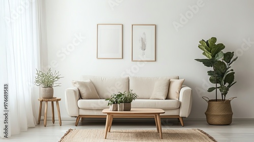 Minimalist living room with beige sofa, indoor plants, and natural light creating a cozy, inviting atmosphere. Modern interior design.