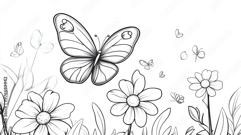 Fototapeta premium A line drawing of a butterfly flying over a field of flowers.