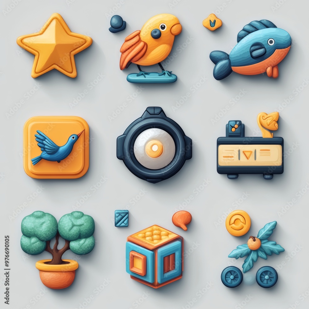 Colorful 3D Cartoon Icons Star Bird Fish Tree Cube Sound and More Colorful 3D Cartoon Icons Star Bird Fish Tree Cube Sound and More