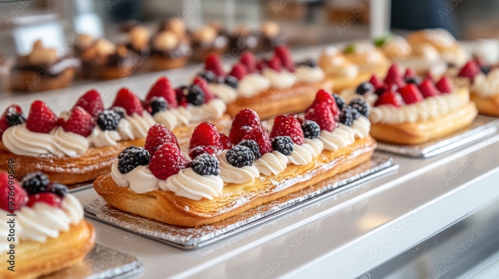 Elegant Éclairs and Fruit Tarts on Bakery Display
Elegant Éclairs and Fruit Tarts on Bakery Display