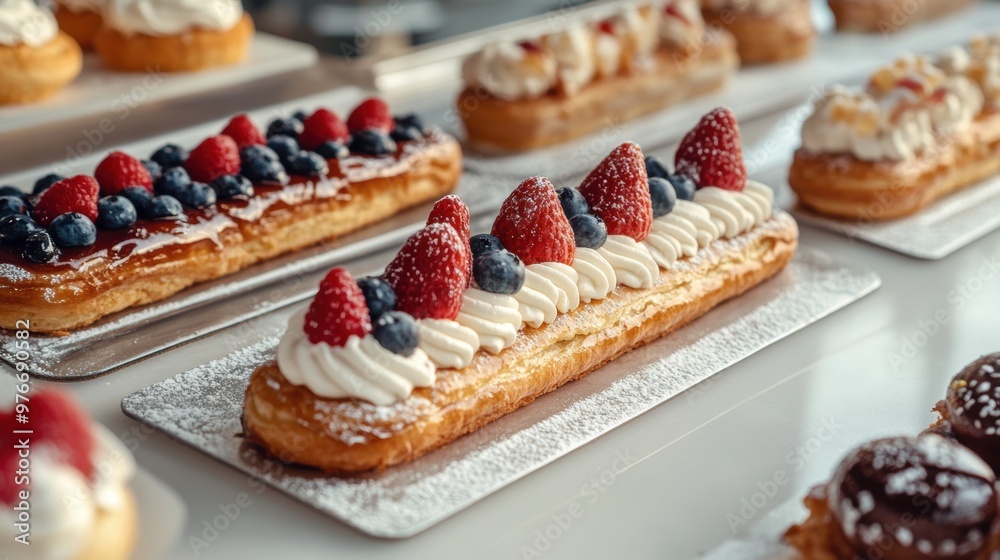 Elegant Éclairs and Fruit Tarts on Bakery Counter
Elegant Éclairs and Fruit Tarts on Bakery Counter