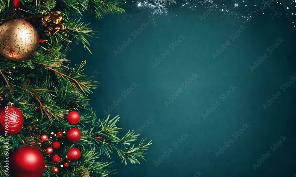 Christmas flatlay background with fir tree brunch with copy space Christmas flatlay background with fir tree brunch with copy space