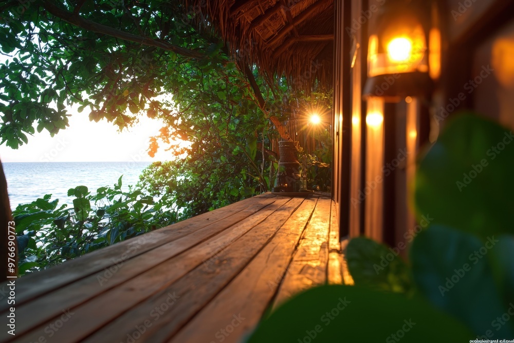 Fototapeta premium Serene view from a wooden deck overlooking the ocean at sunset, surrounded by lush greenery and warm glowing lanterns.
