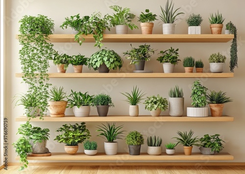 Obraz na plátně A shelf full of potted plants, including a variety of green plants
