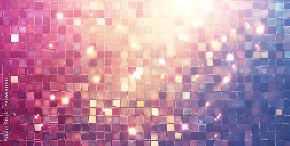 Obraz premium A shimmering mosaic of squares in shades of pink, purple, and gold, reflecting the light in a dazzling display.