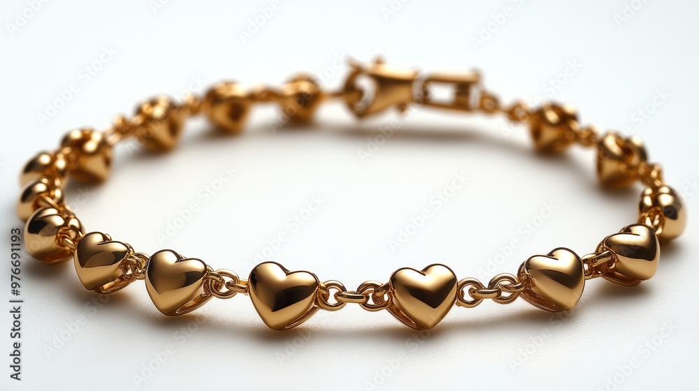A gold heart-shaped bracelet elegantly displayed on a white background. A gold heart-shaped bracelet elegantly displayed on a white background.