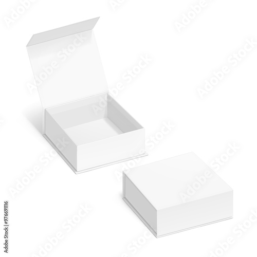White box with magnetic close. Vector illustration isolated on white background. Taking your 2D designs into 3D. Can be use for gift box, luxury, cosmetics, electronics and other goods. EPS10.
