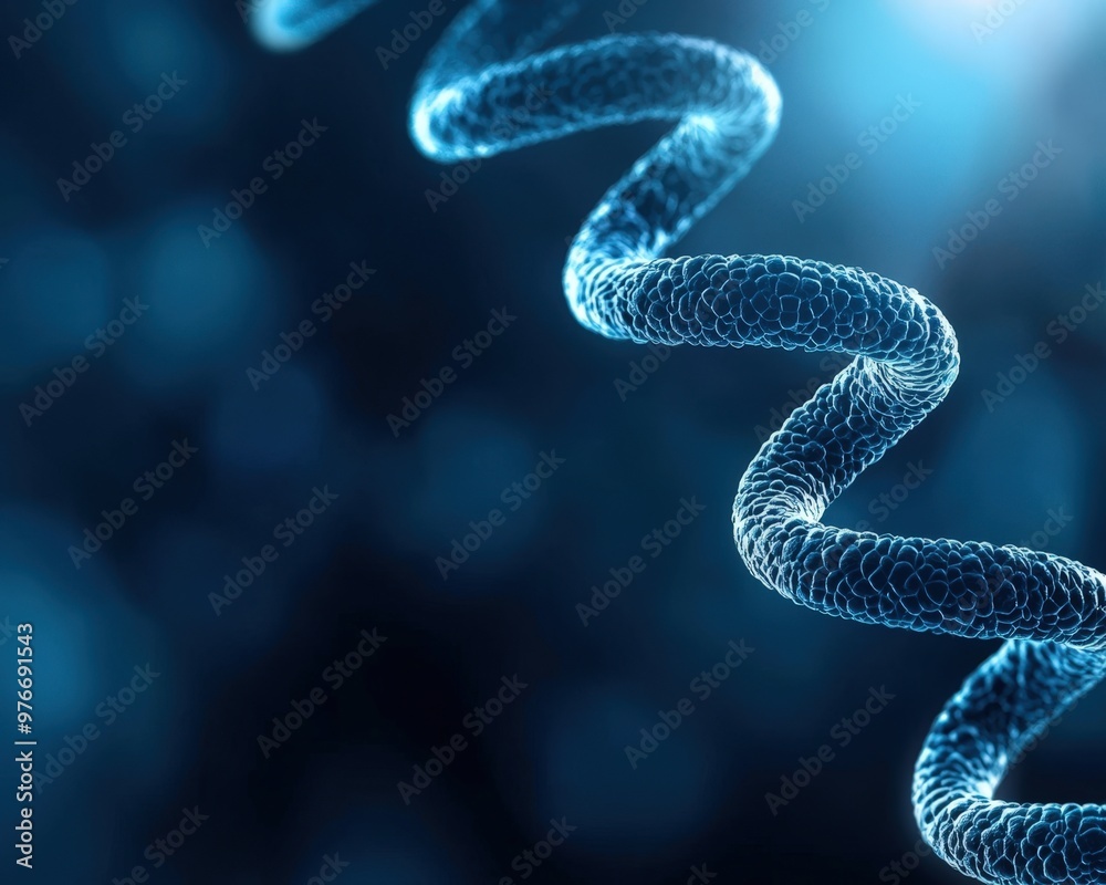 A detailed close-up of a DNA helix showcasing its spiral structure against a vibrant blue background. A detailed close-up of a DNA helix showcasing its spiral structure against a vibrant blue background.