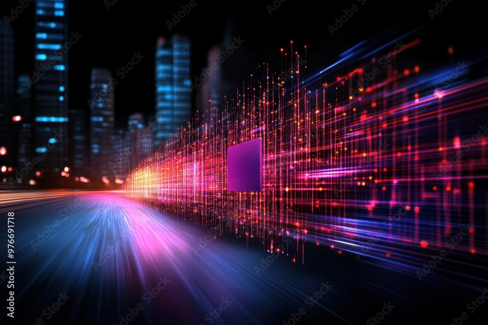 A vibrant, futuristic cityscape illuminated by neon lights, showcasing dynamic movement and digital energy. A vibrant, futuristic cityscape illuminated by neon lights, showcasing dynamic movement and digital energy.