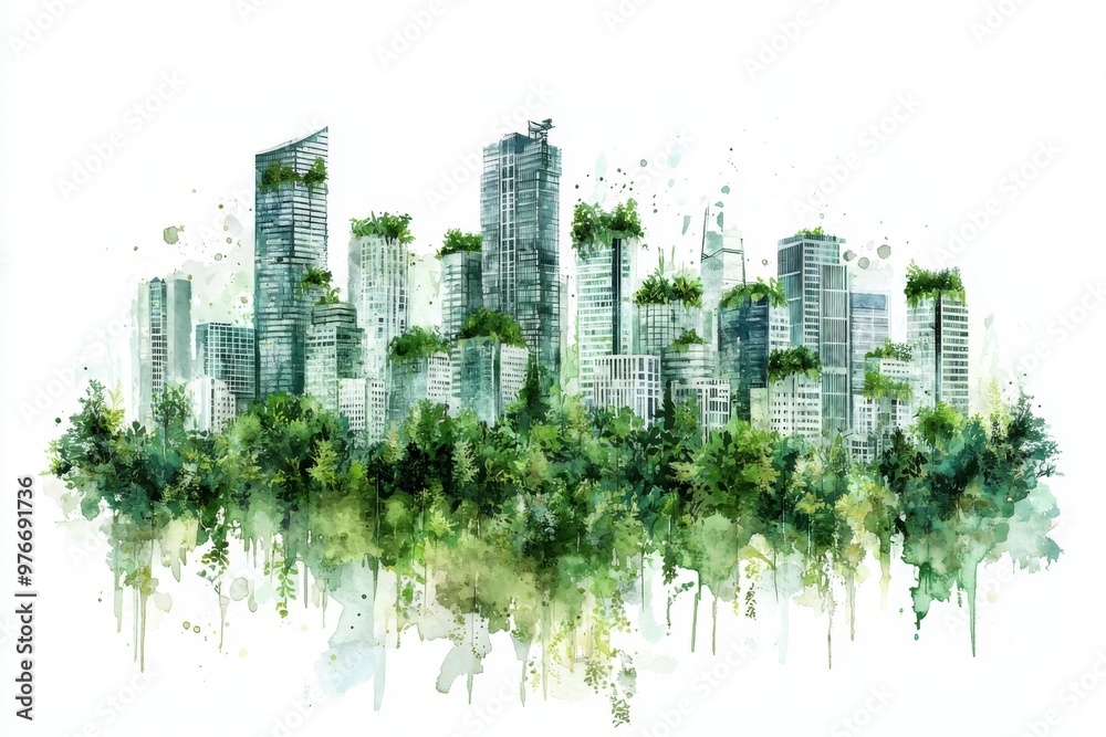Obraz premium A vibrant watercolor depiction of a modern cityscape intertwined with lush greenery, symbolizing harmony between nature and urban life.