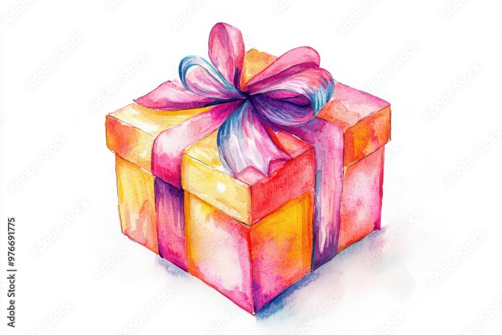Fototapeta premium A vibrant watercolor gift box with a ribbon, perfect for celebrations and special occasions, symbolizing joy and surprise.