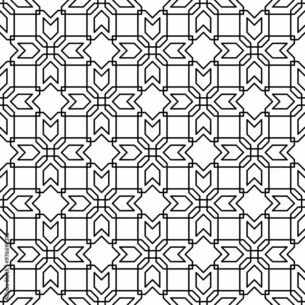 Seamless abstract geometric pattern in arabesque style, consisting of interlocking black lines on a white background. Suitable for various creative projects or decorative elements. Seamless abstract geometric pattern in arabesque style, consisting of interlocking black lines on a white background. Suitable for various creative projects or decorative elements.