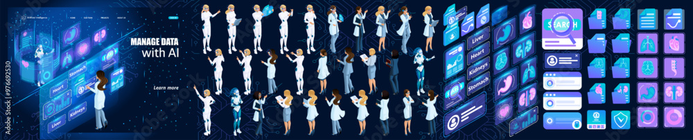 Template Creating Landing page about AI for Medical. Kit of Characters, Persons. Kit of icons. Create your own unique design Template Creating Landing page about AI for Medical. Kit of Characters, Persons. Kit of icons. Create your own unique design