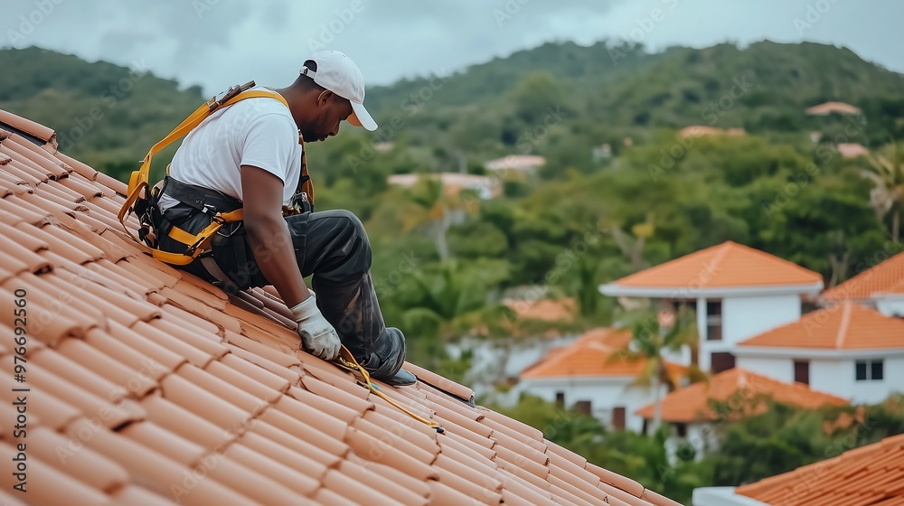 Rooftop Resilience: Skilled Craftsman Ensures Safety and Longevity in Mediterranean Tile Roof Maintenance Rooftop Resilience: Skilled Craftsman Ensures Safety and Longevity in Mediterranean Tile Roof Maintenance