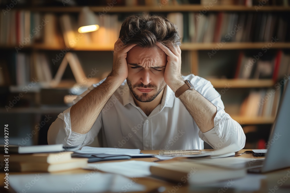 Stressed businessman at desk with documents, feeling overwhelmed by workload, surrounded by books and papers in office. Stressed businessman at desk with documents, feeling overwhelmed by workload, surrounded by books and papers in office.