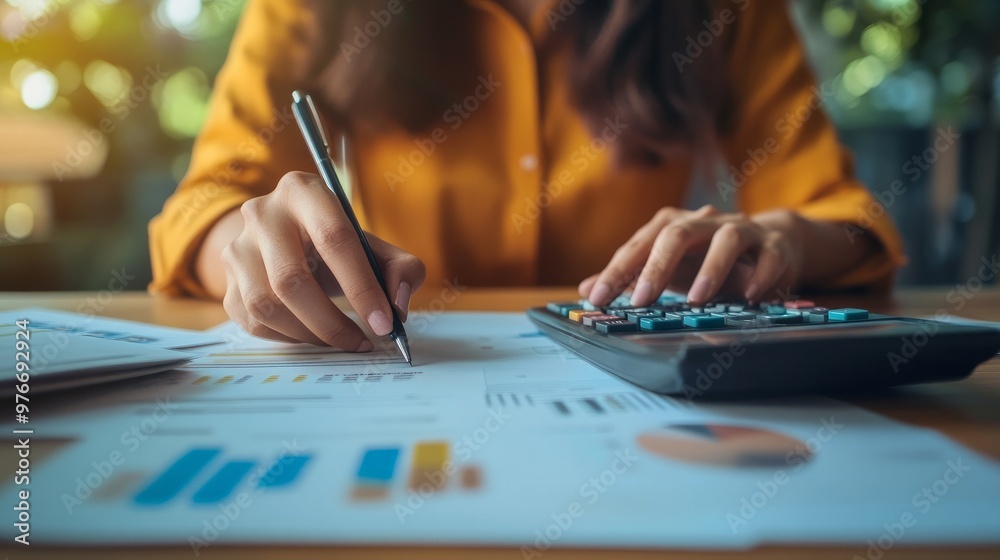Accounting and banking concepts for business funding. A businesswoman handles her money by hand and computes costs at her home office on her desk. A woman is working at a desk Accounting and banking concepts for business funding. A businesswoman handles her money by hand and computes costs at her home office on her desk. A woman is working at a desk