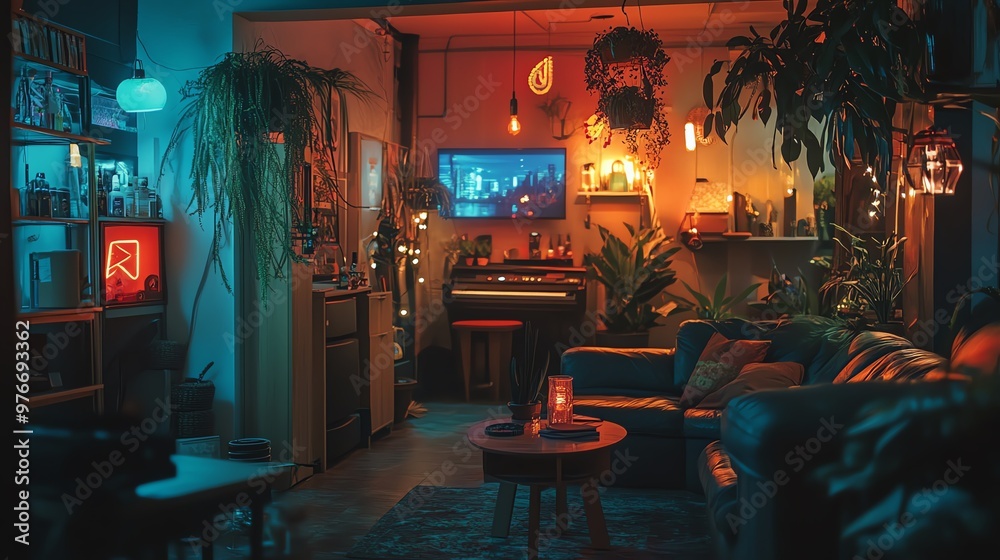 Fototapeta premium Cozy and eclectic living room with ambient lighting, indoor plants, and a piano creating a warm and inviting atmosphere.