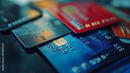 Table with plastic credit cards in macro perspective