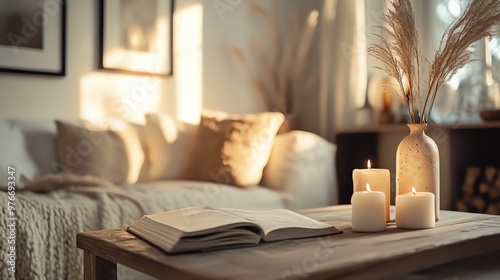 Cozy living room with candlelight and open book on table, warm and inviting atmosphere for relaxation and reading.