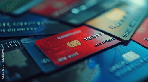 Table with plastic credit cards in macro perspective
