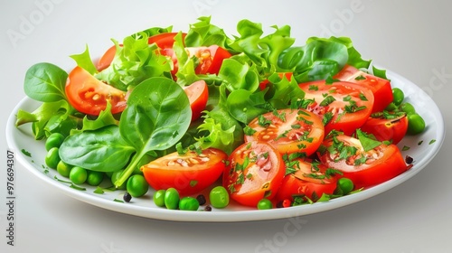 A realistic illustration of a fresh mixed vegetable salad on a white plate.