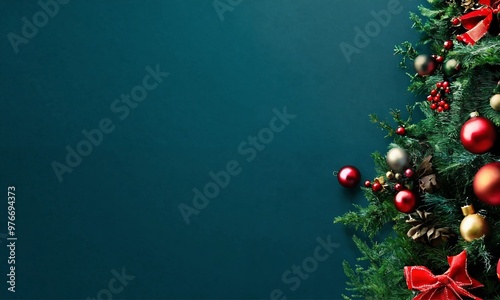 Christmas background with pine tree branches and shiny balls decoration with copy space