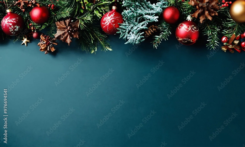 Christmas background with pine tree branches and shiny balls decoration with copy space Christmas background with pine tree branches and shiny balls decoration with copy space
