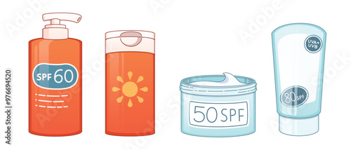 Spf sunscreen in bottle. Sun block cosmetic tube for summer. Woman skin lotion packaging for sunburn protection. Body care with moisturizer isolated cartoon vector. Water resistant vacation skincare