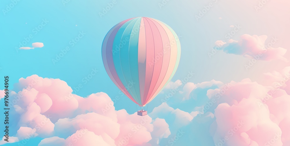 Obraz premium A pastel-colored hot air balloon floats through a dreamy sky filled with fluffy pink clouds.