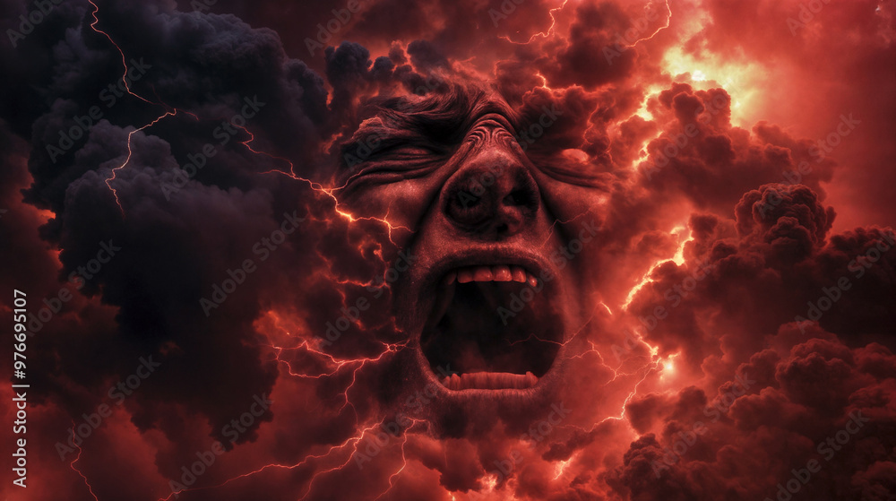 Fiery rage: human face emerging from stormy red clouds Fiery rage: human face emerging from stormy red clouds