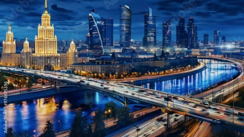 Cityscape of Moscow with Academy of Science, Shuhovskaya tower and traffic on Metrobridge over river at night photo