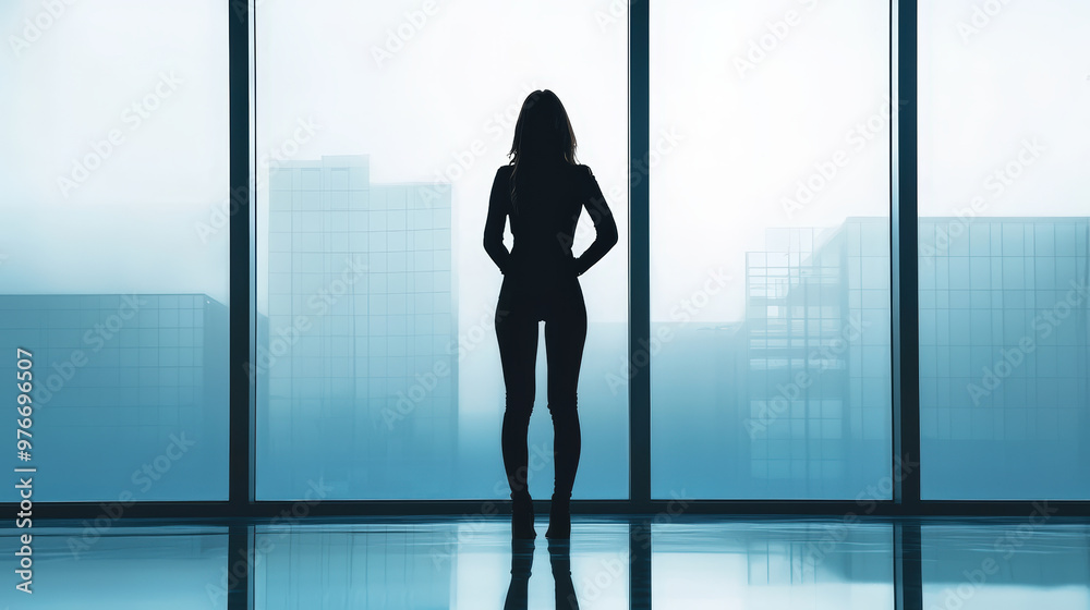 A confident businesswoman stands silhouetted against large window, overlooking modern cityscape. scene conveys empowerment and ambition in professional setting A confident businesswoman stands silhouetted against large window, overlooking modern cityscape. scene conveys empowerment and ambition in professional setting
