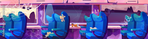 Abandoned train inside with damaged seats by broken window. Vector cartoon illustration of old passenger car, dirty metro compartment with dusty chairs, cobweb on walls, garbage on table, bad service photo