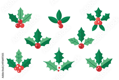 Flat Design Holly Leaves and Berries Vector Set Traditional Christmas Plant Elements