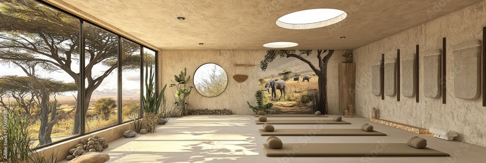 Obraz premium Yoga studio in Johannesburg with earth tone decor and minimalist style.