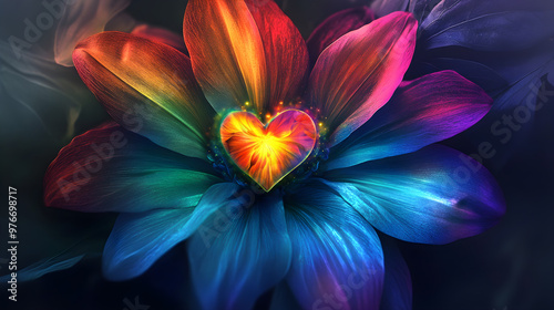 A single large flower with rainbow-colored petals, and a glowing heart at its center